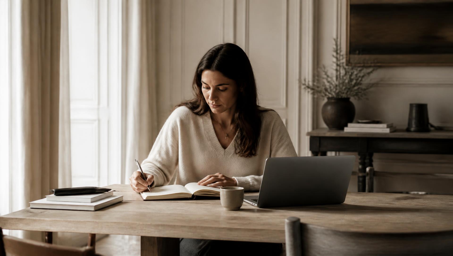 A poised Family Manager quietly organising a family's calendar at an oak table in a naturally lit European home